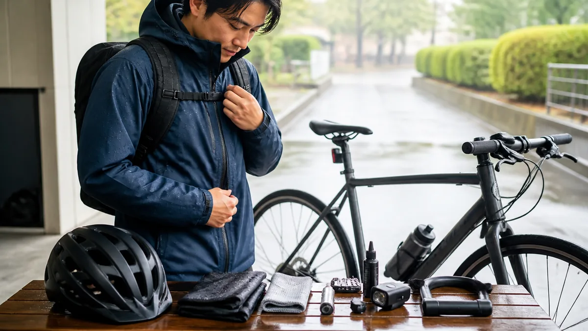 雨の日の自転車通勤で、朝いちばんに決めるべき3つのことの解説画像