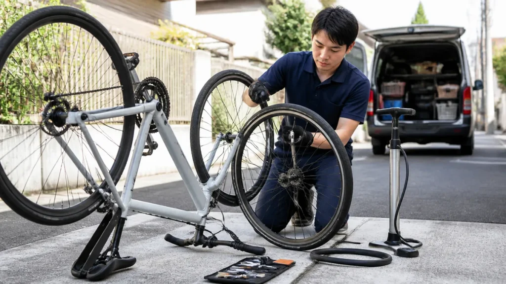 自転車のパンク修理は出張で頼める？出張費5,500円と無料搬送50kmの境界線のアイキャッチ画像